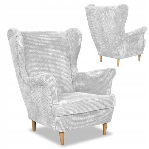 Fauteuil à Oreilles Bonito, Style Scandinave, Velours Côtelé Rayé Gris Clair