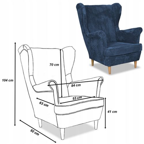 Fauteuil à Oreilles Bonito, Scandinave — Velours Côtelé Bleu Marine