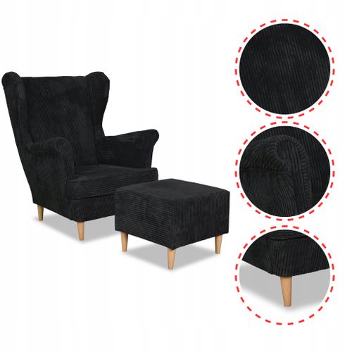 Fauteuil à Oreilles Bonito Avec Pouf — Style Scandinave, En Velours Côtelé Noir