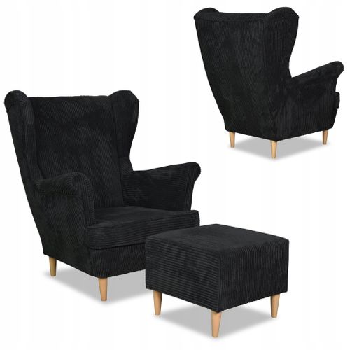Fauteuil à Oreilles Bonito Avec Pouf — Style Scandinave, En Velours Côtelé Noir