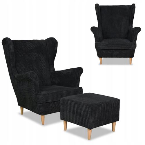 Fauteuil à Oreilles Bonito Avec Pouf — Style Scandinave, En Velours Côtelé Noir