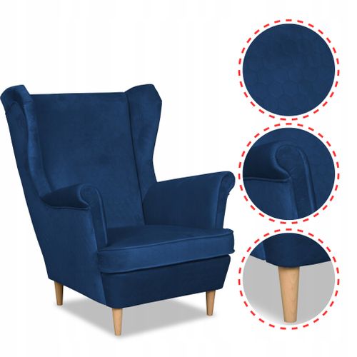 Fauteuil à Oreilles Scandinave Angelo, En Velours Bleu Foncé