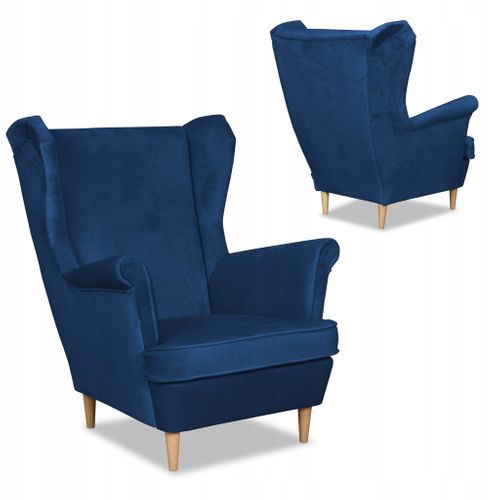 Fauteuil à Oreilles Scandinave Angelo, En Velours Bleu Foncé