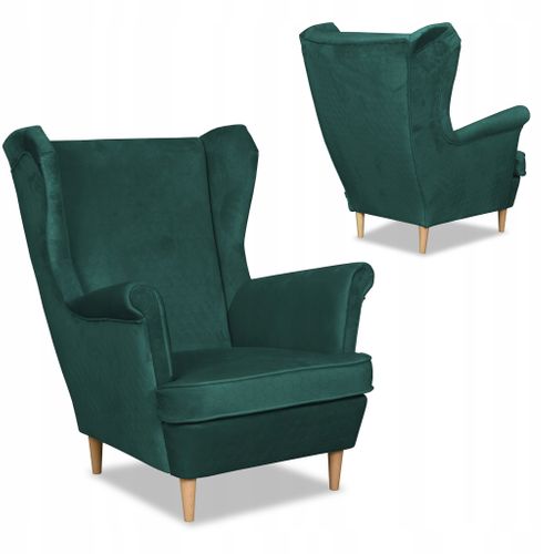 Fauteuil à Oreilles Angelo — Style Scandinave, Velours Vert Bouteille