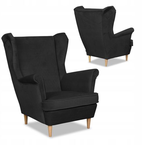 Fauteuil à Oreilles Angelo Style Scandinave, Velours Noir Capitonné