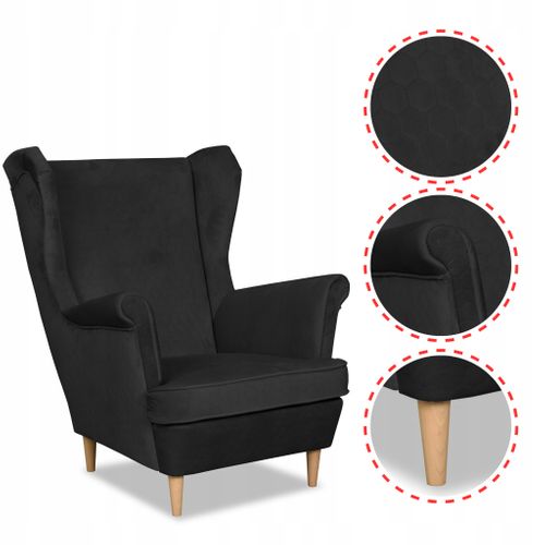 Fauteuil à Oreilles Angelo Style Scandinave, Velours Noir Capitonné