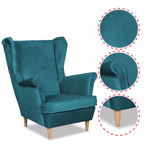 Fauteuil à Oreilles Angelo, Style Scandinave, Velours Bleu Turquoise