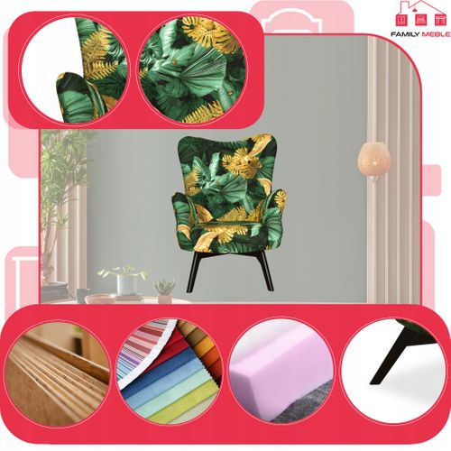 Fauteuil Scandinave Luna Print — Fauteuil Coquille à Oreilles, Motif Monstera Tropic
