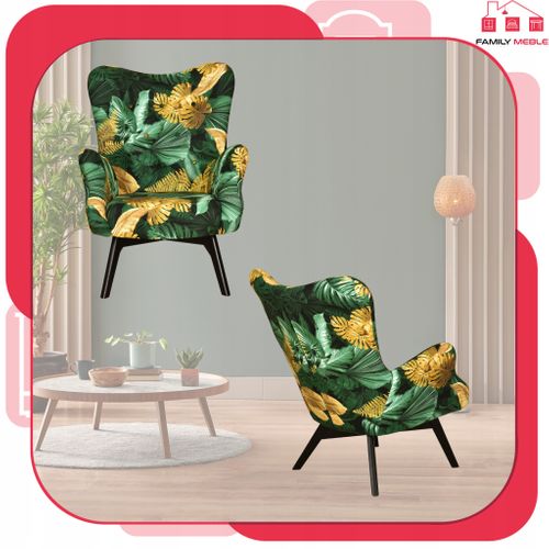 Fauteuil Scandinave Luna Print — Fauteuil Coquille à Oreilles, Motif Monstera Tropic