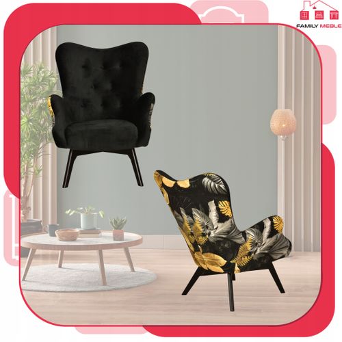 Fauteuil Scandinave à Oreilles Luna Print Duo, Motif Monstera, Noir Et Or