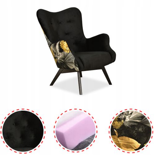 Fauteuil Scandinave à Oreilles Luna Print Duo, Motif Monstera, Noir Et Or