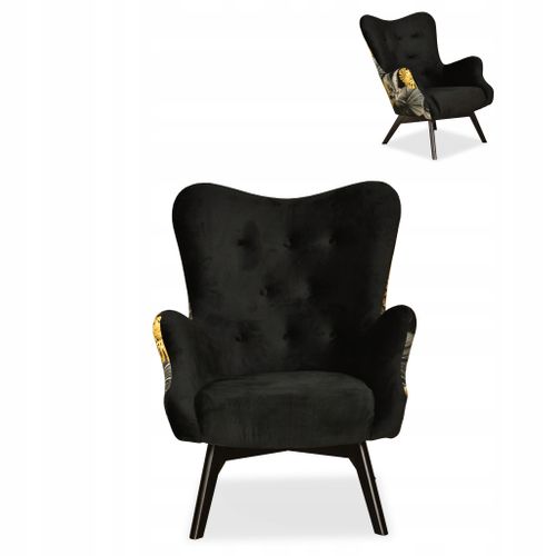 Fauteuil Scandinave à Oreilles Luna Print Duo, Motif Monstera, Noir Et Or