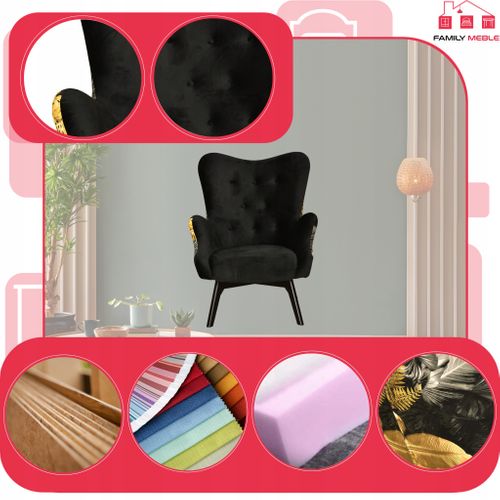 Fauteuil Scandinave à Oreilles Luna Print Duo, Motif Monstera, Noir Et Or