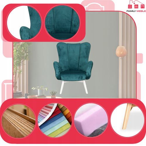 Fauteuil Scandinave à Oreilles Vika, Au Style Coquille Profilé, Bleu Turquoise