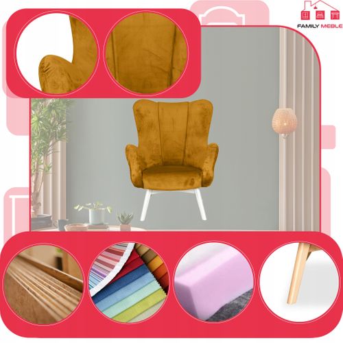 Fauteuil Scandinave à Oreilles Vika, Coque Profilée En Forme De Coquillage, Jaune Doré