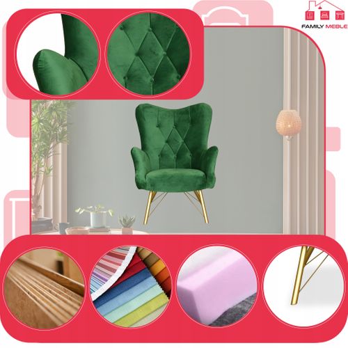 Fauteuil Scandinave Luna à Oreilles, Capitonné à Motif Coquille, En Velours Vert