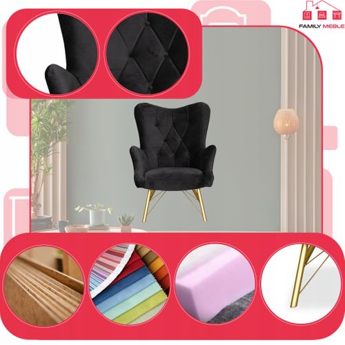 Fauteuil Scandinave Luna à Oreilles, Capitonné, Effet Coquillage, Velours Noir