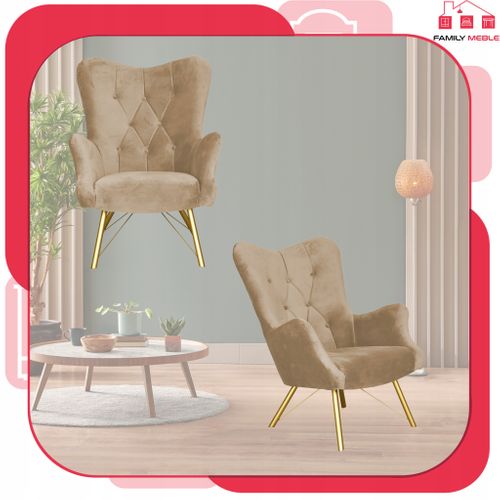 Fauteuil Scandinave à Oreilles Luna, Capitonné, Motif Coquille - Beige/marron