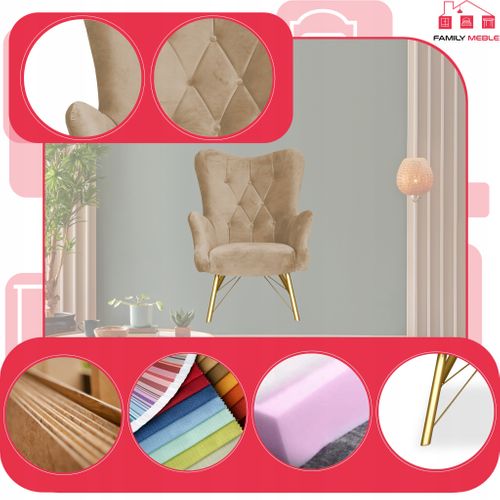 Fauteuil Scandinave à Oreilles Luna, Capitonné, Motif Coquille - Beige/marron