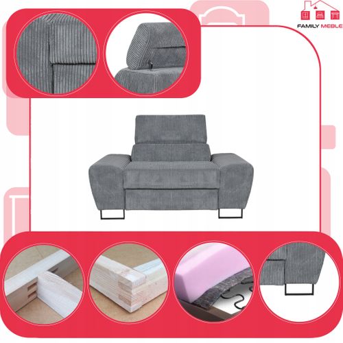 Fauteuil Relax Savio Pour Salon, En Velours Côtelé Gris, Avec Appui-tête Réglable