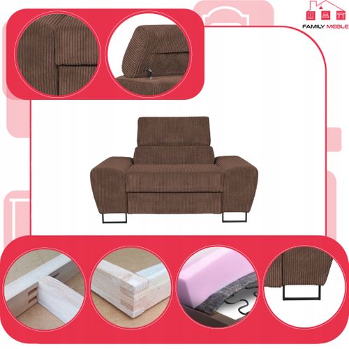 Fauteuil Relax De Salon Savio En Velours Côtelé Marron, Appuie‑tête Réglable