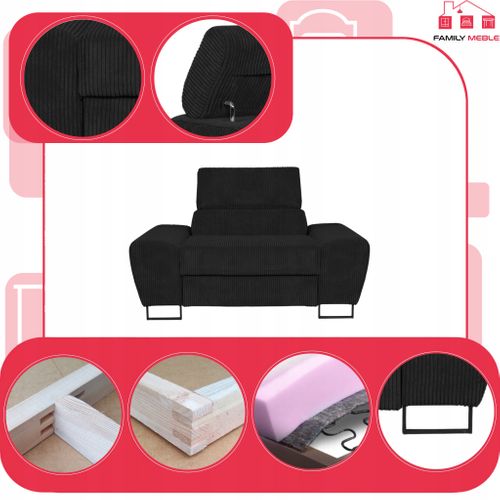 Fauteuil Relax Savio — Velours Côtelé Noir, Appui‑tête Réglable