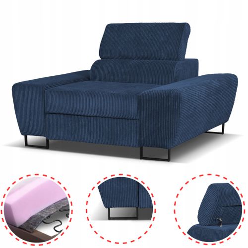 Fauteuil Relax Savio Pour Salon, En Velours Côtelé Bleu Marine, Appuie‑tête Réglable