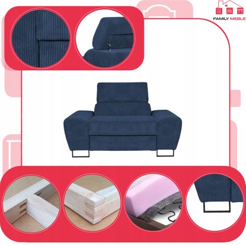 Fauteuil Relax Savio Pour Salon, En Velours Côtelé Bleu Marine, Appuie‑tête Réglable