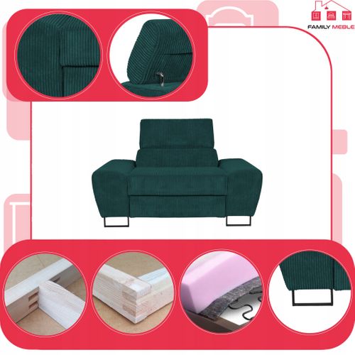 Fauteuil De Relaxation Savio Pour Le Salon, En Velours Côtelé Vert, Doté D'un Appui‑tête Réglable.