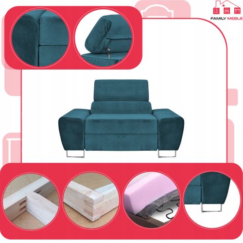 Fauteuil Relax Bosso Pour Salon En Velours Bleu, Appuie-tête Réglable