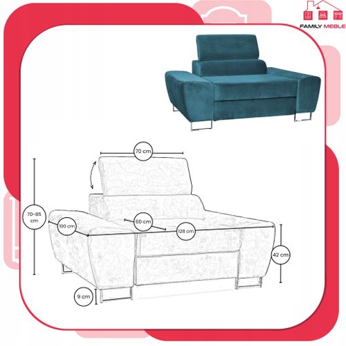 Fauteuil Relax Bosso Pour Salon En Velours Bleu, Appuie-tête Réglable