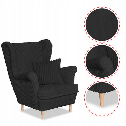 Fauteuil à Oreilles Scandinave Rene Noir En Velours Côtelé à Rayures, Tendance