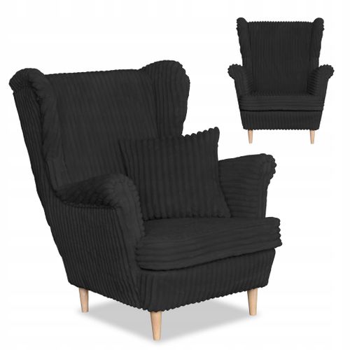 Fauteuil à Oreilles Scandinave Rene Noir En Velours Côtelé à Rayures, Tendance