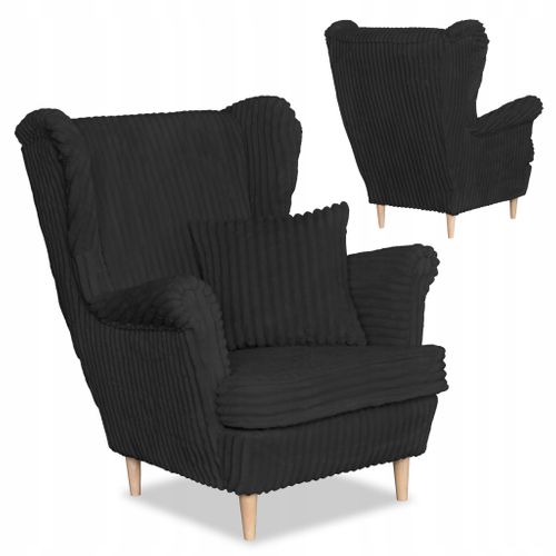 Fauteuil à Oreilles Scandinave Rene Noir En Velours Côtelé à Rayures, Tendance