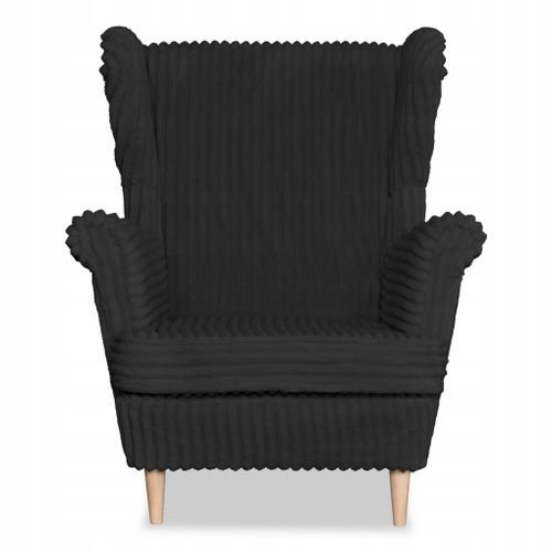 Fauteuil à Oreilles Scandinave Rene Noir En Velours Côtelé à Rayures, Tendance