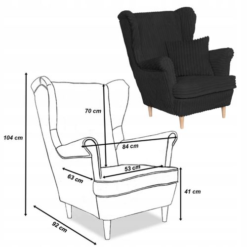 Fauteuil à Oreilles Scandinave Rene Noir En Velours Côtelé à Rayures, Tendance