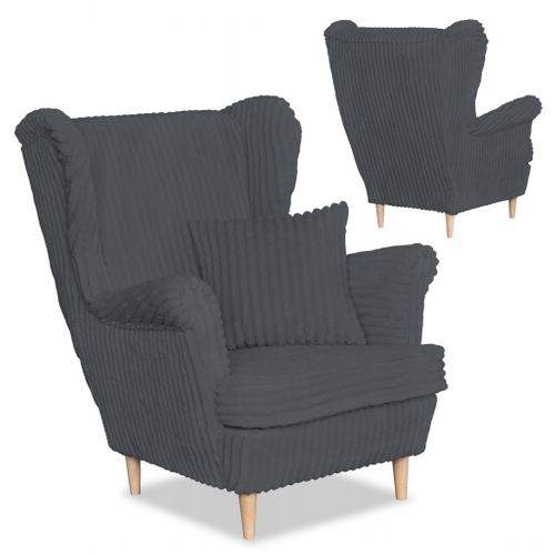 Fauteuil à Oreilles Rene, Design Scandinave — Velours Côtelé Rayé Gris Foncé, Tendance