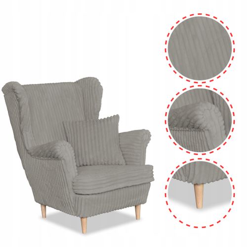 Fauteuil à Oreilles Scandinave René, En Velours Côtelé Gris à Rayures, Style Tendance