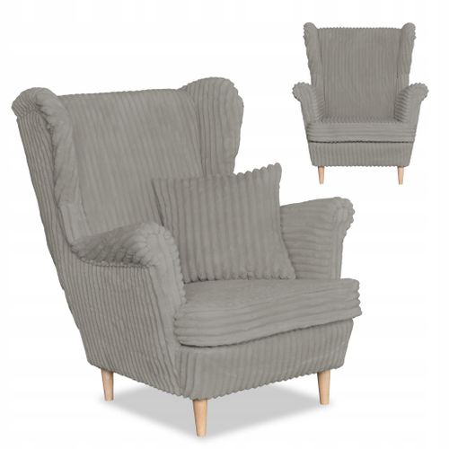 Fauteuil à Oreilles Scandinave René, En Velours Côtelé Gris à Rayures, Style Tendance