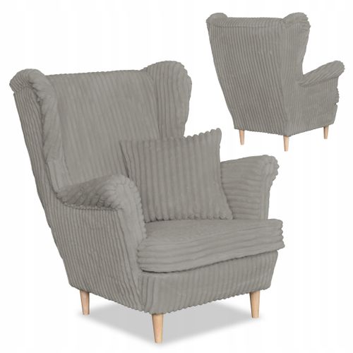 Fauteuil à Oreilles Scandinave René, En Velours Côtelé Gris à Rayures, Style Tendance