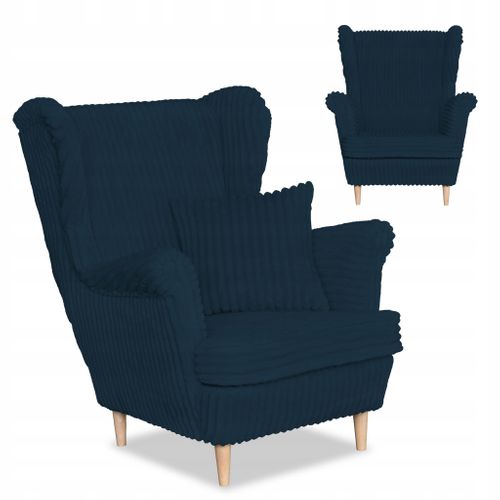 Fauteuil à Oreilles Rene — Style Scandinave, Velours Côtelé Bleu à Rayures, Tendance