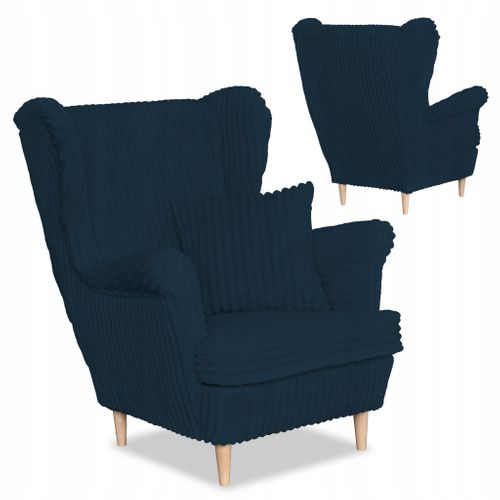 Fauteuil à Oreilles Rene — Style Scandinave, Velours Côtelé Bleu à Rayures, Tendance