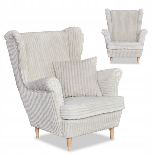 Fauteuil à Oreilles Scandinave Rene — Velours Côtelé Beige à Rayures, Tendance