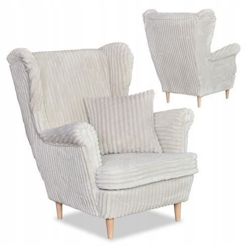 Fauteuil à Oreilles Scandinave Rene — Velours Côtelé Beige à Rayures, Tendance