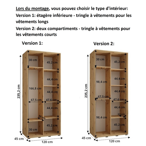 Armoire Davos 1 à Portes Coulissantes 235,2/120/45 2 Portes (artisan/artisan/noir)