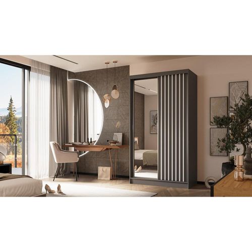 Armoire Helix 120 Cm, 2 Portes Coulissantes Miroir, Graphite et Blanc Lamelles