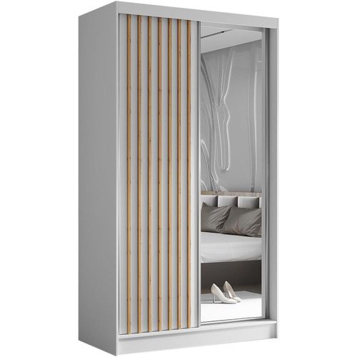Armoire Helix 120 Cm, 2 Portes Coulissantes Miroir, Blanc et Chêne Artisan Lamelles