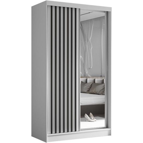 Armoire Helix 120 Cm, 2 Portes Coulissantes Miroir, Blanc et Noir Lamelles