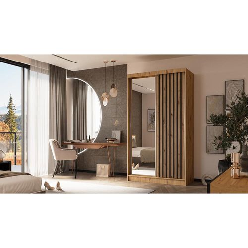 Armoire Helix 120 Cm, 2 Portes, Miroir + 2 Caissons à Tiroirs, Chêne Artisan et Noir Lamelles