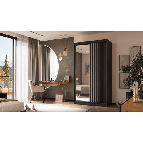 Armoire Helix 120 Cm, 2 Portes, Miroir + 2 Caissons à Tiroirs, Noir et Blanc Lamelles